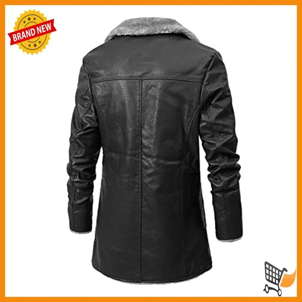 Men's Faux Leather Trench Coat with Fur Lapel Collar, Slim Fit, Winter